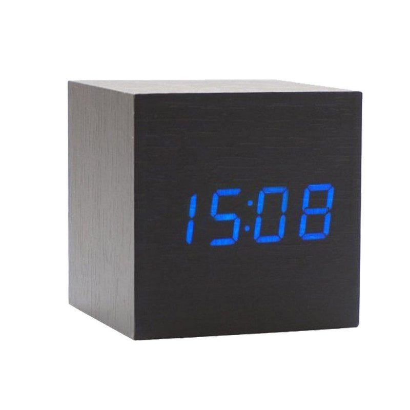 NewNest Australia - Onerbuy Wooden Digital Cube Alarm Clock Touch Sound Activated Desk Clock Portable Travel Clock with LCD Display for Time, Temperature, Calendar, 3 Alarm Settings (Black) Black 