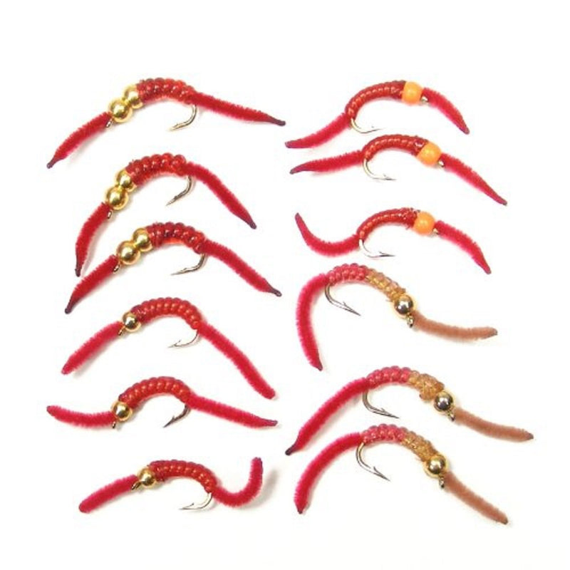 The Fly Fishing Place Trout Fly Assortment - San Juan Worm Power Bead 1 Dozen Wet Nymph Fly Fishing Flies - Hook Size 14-3 Each of 4 Patterns - NewNest Australia