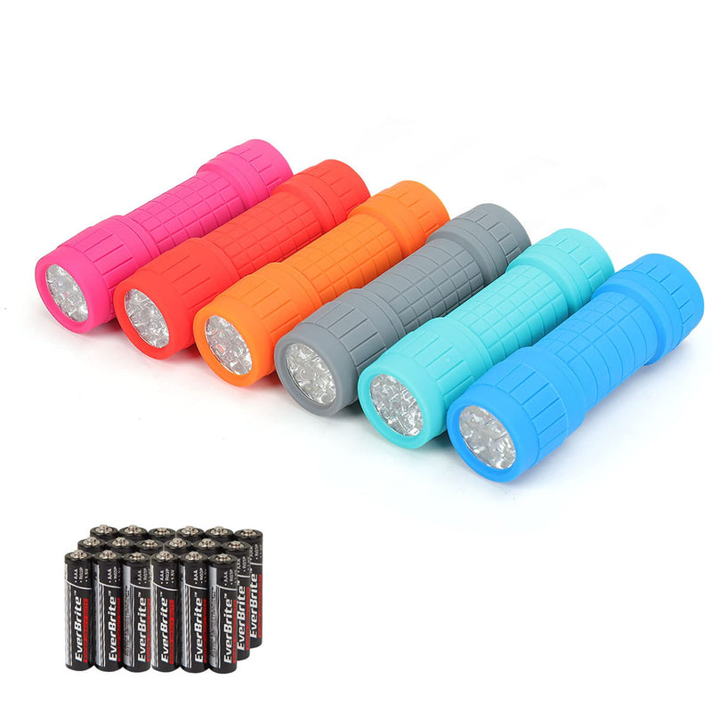 EverBrite 9-LED Flashlight 6-Pack Impact Handheld Torch Assorted Colors with Lanyard 3AAA Battery Included (Hurricane Supplies, Camping, Hiking, Emergency, Hunting) - NewNest Australia