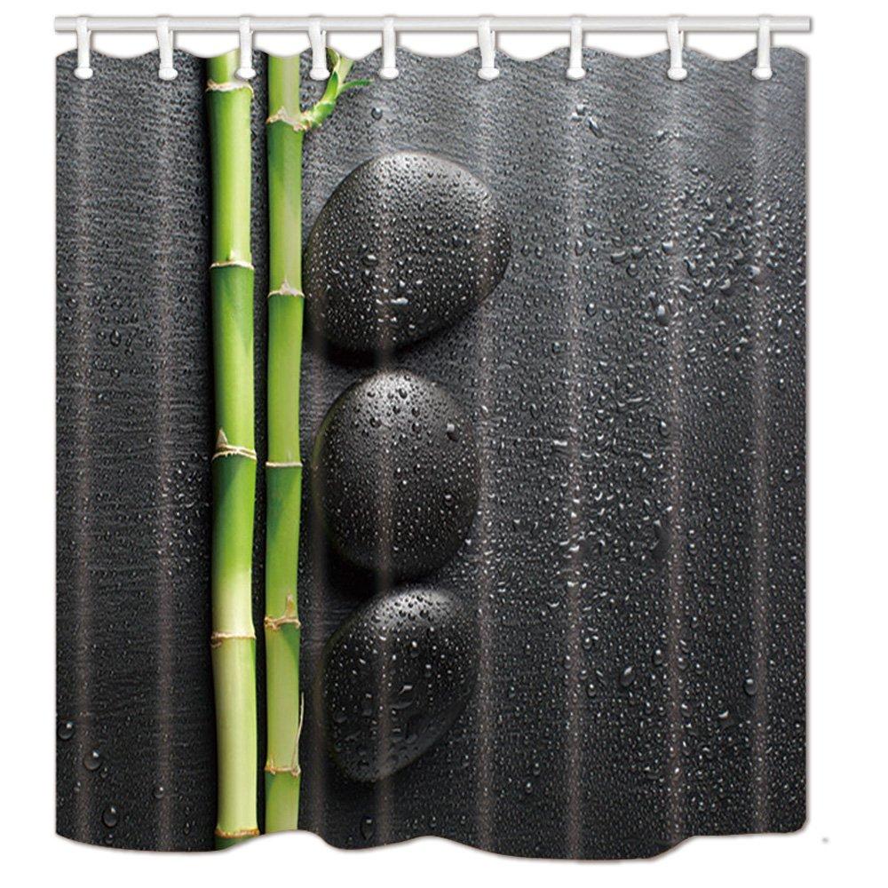 NYMB Spa Decor, Zen Garden Theme Stone and Bamboo on Black Shower Curtain,Polyester Fabric Yoga Bathroom Decorations, Bath Curtains Hooks Included, 69X70 inches, Green - NewNest Australia