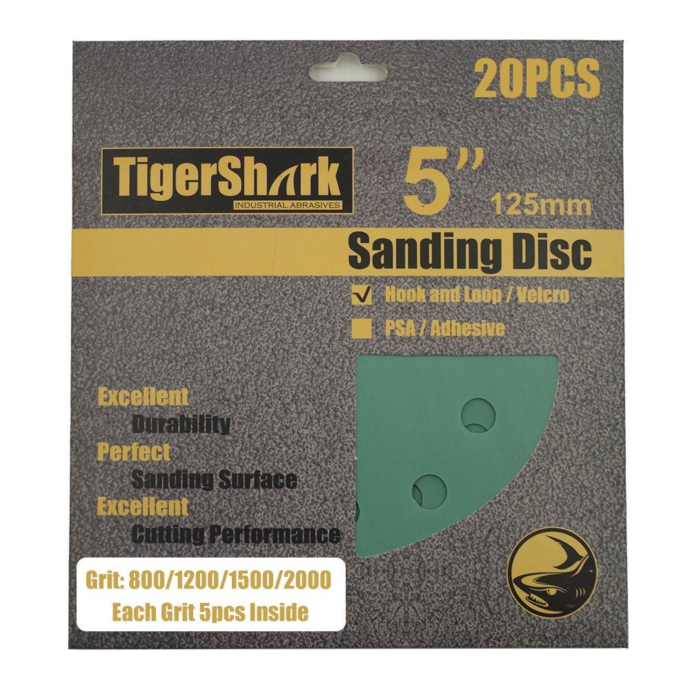 TigerShark 5 Inch Sanding Discs 8 Hole Wet Dry Grit 800/1200/1500/2000 20pcs Pack Film Green Line Hook and Loop Dustless Random Orbital Sander Paper Fine Grit Assortment - NewNest Australia