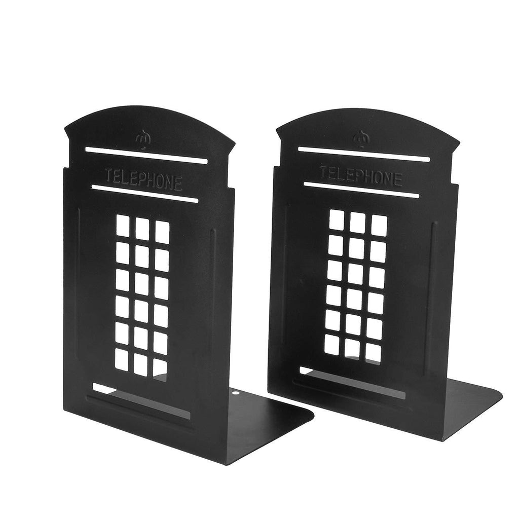 NewNest Australia - MerryNine Bookends Pair Nonskid Heavy Metal Durable Sturdy Strong Books Organizer Telephone Booth Bookshelf Decor Decorative Bedroom Library Office School Supplies Stationery Gift (Black_1 Pair) 