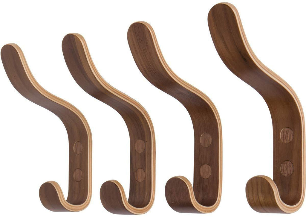 NewNest Australia - Plywood Wall Hooks Set of 4 Wood Coat Hooks Hanging Clothes Hats Robes Towels Walnut Wooden 