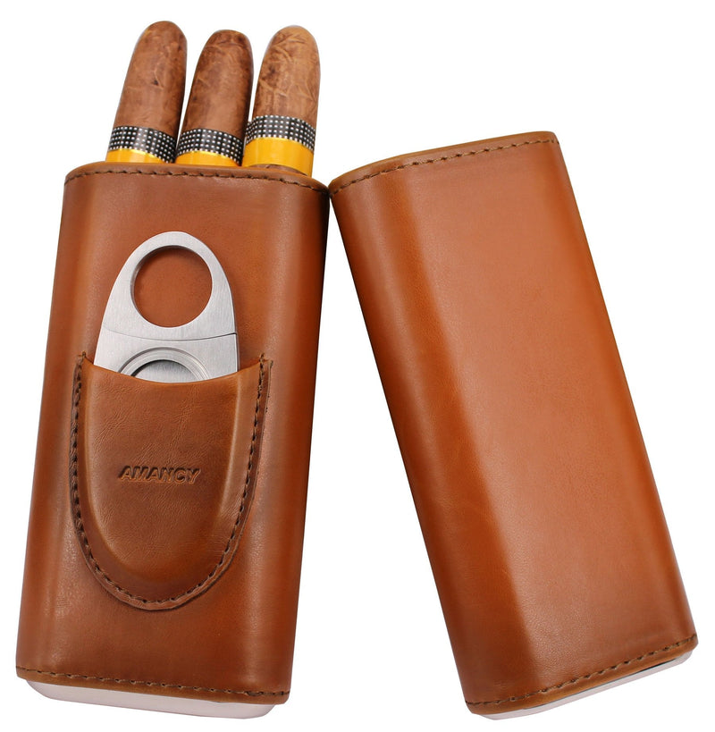 AMANCY Premium 3- Finger Brown Leather Cigar Case, Cedar Wood Lined Cigar Humidor with Silver Stainless Steel Cutter - NewNest Australia