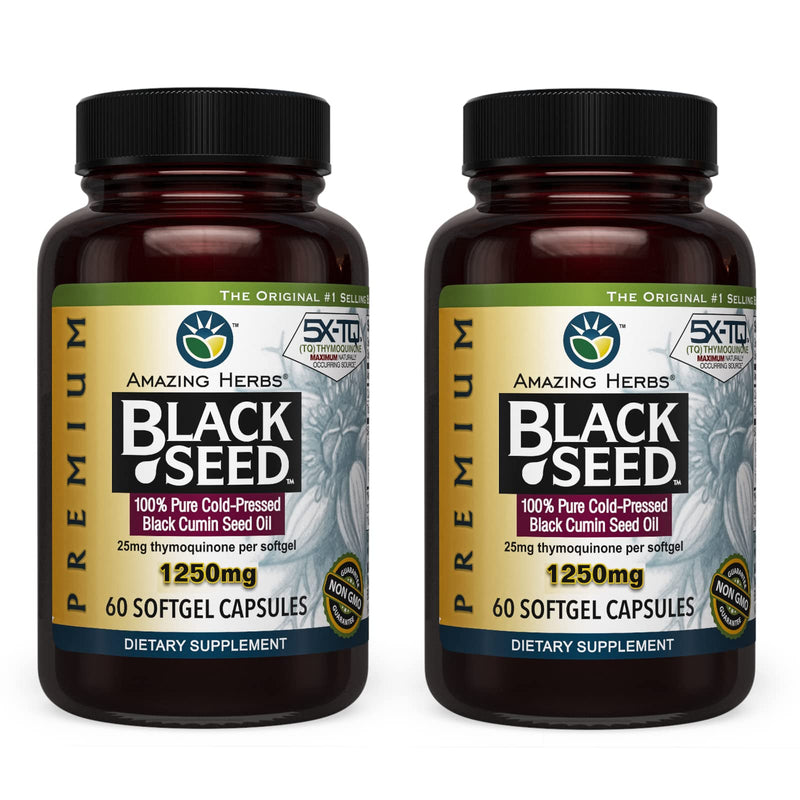 Amazing Herbs Premium Black Seed Oil Capsules - High Potency, Cold Pressed Nigella Sativa Aids in Digestive Health, Immune Support & Brain Function - 60 Count, 1250mg (Pack of 2) 1 - NewNest Australia