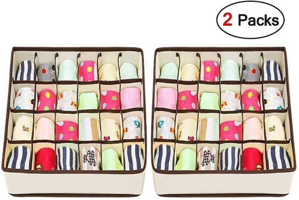 NewNest Australia - Joyoldelf Sock Drawer Organizer Divider 2 Packs Underwear Organizer, 24 Cell Collapsible Closet Cabinet Organizer Underwear Storage Boxes for Storing Socks, Bra, Handkerchiefs, Ties, Belts (Beige) Beige 