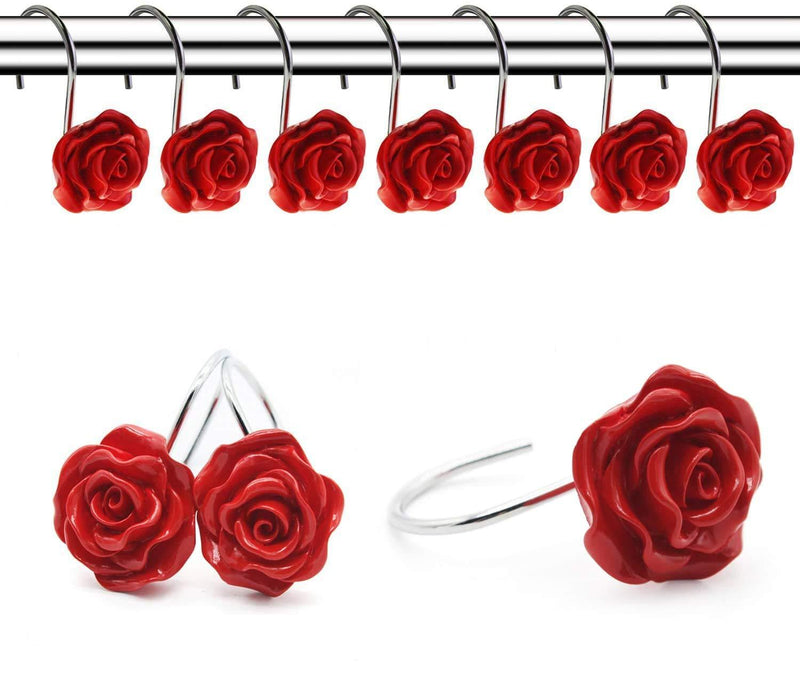 FINROS 12 PCS Home Fashion Decorative Anti Rust Shower Curtain Hooks Rose Design Shower Curtain Rings Hooks (RED) Red - NewNest Australia