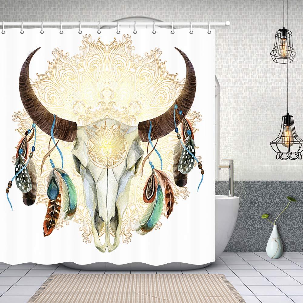 NYMB Mandala Decor, Watercolor Buffalo Skull with Feathers Flower Shower Curtain, Polyester Fabric Ethnic Inspired Native American Bathroom Decorations, Bath Curtains Hooks Included, 69X70in - NewNest Australia