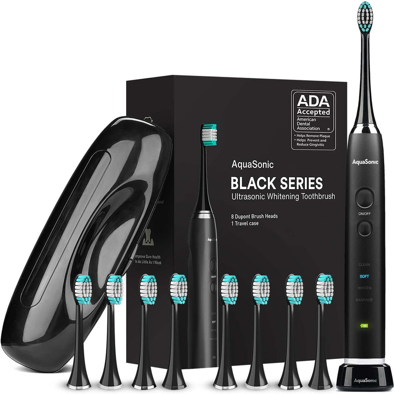 AquaSonic Black Series Ultra Whitening Toothbrush – ADA Accepted Electric Toothbrush - 8 Brush Heads & Travel Case - Ultra Sonic Motor & Wireless Charging - 4 Modes w Smart Timer - Sonic Electric - NewNest Australia