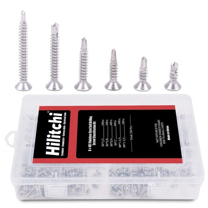 Hilitchi 240 Pcs 410 Stainless Steel Flat Head Phillips Self Drilling Screws Sheet Metal Tek Screws Assortment Kit, Modified Truss Head Self Driller - Size: #8 x 1/2" ~ #8 x 1-1/2" (Pack of 240) #8 Flat Head - NewNest Australia