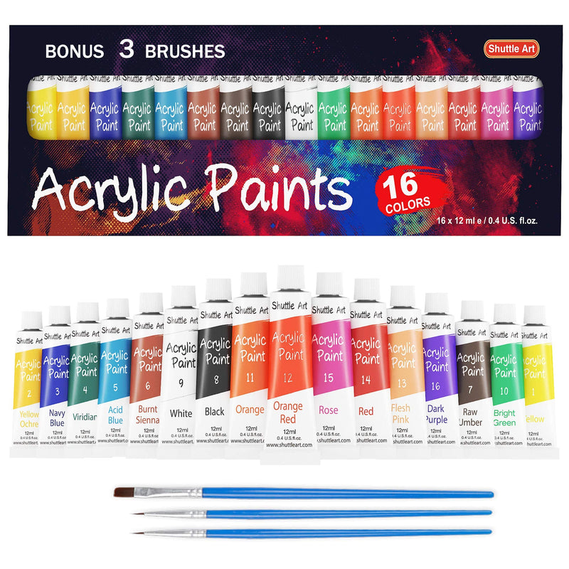 Acrylic Paint Set, Shuttle Art 16 x12ml Tubes Artist Quality Non Toxic Rich Pigments Colors Great for Kids Adults Professional Painting on Canvas Wood Clay Fabric Ceramic Crafts - NewNest Australia