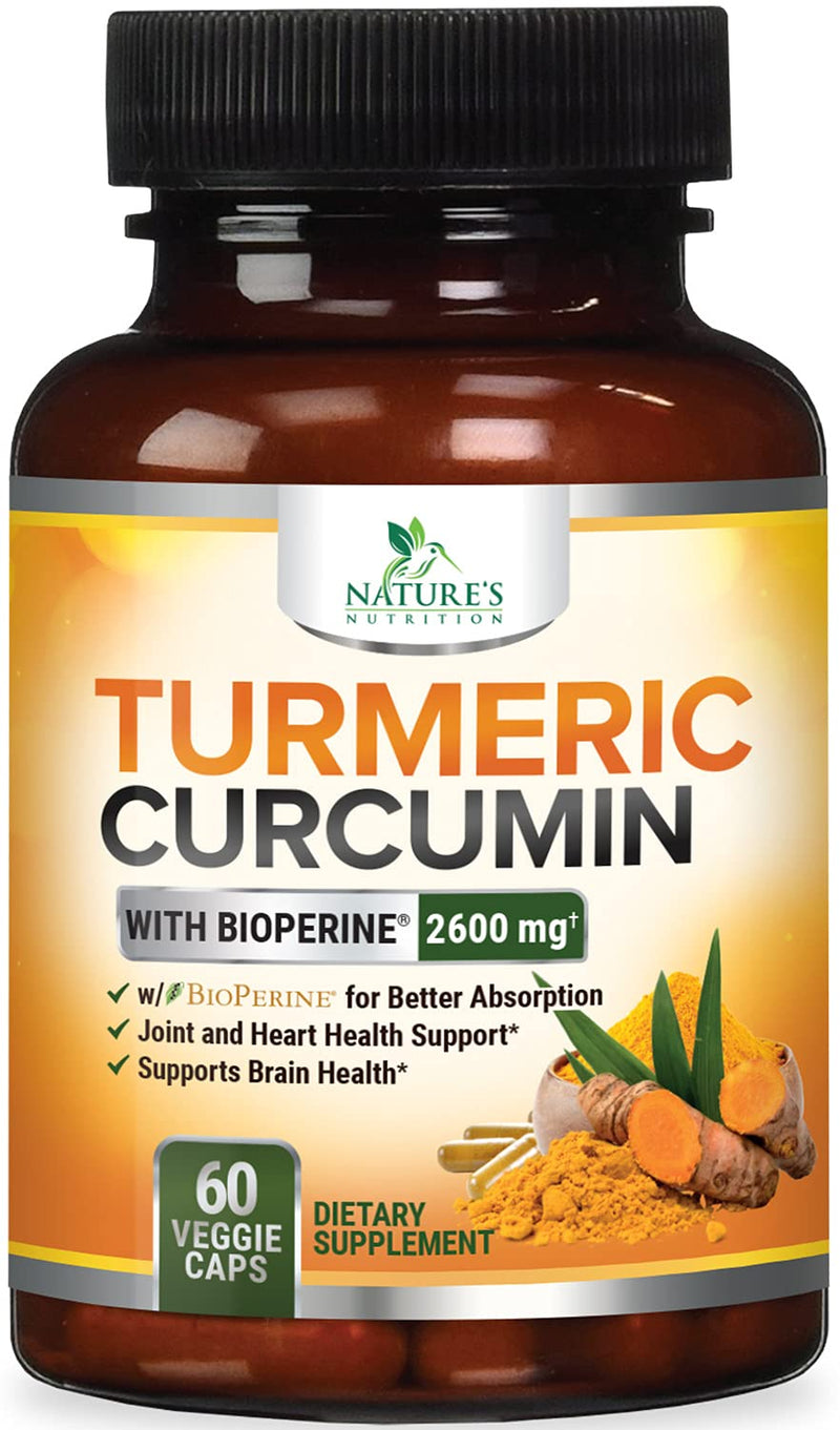 Turmeric Curcumin with Bioperine 95% Curcuminoids 2600mg with Black Pepper for Best Absorption, Made in USA, Best Vegan Joint Support, Turmeric Supplement Pills by Natures Nutrition - 60 Capsules 60 Count (Pack of 1) - NewNest Australia