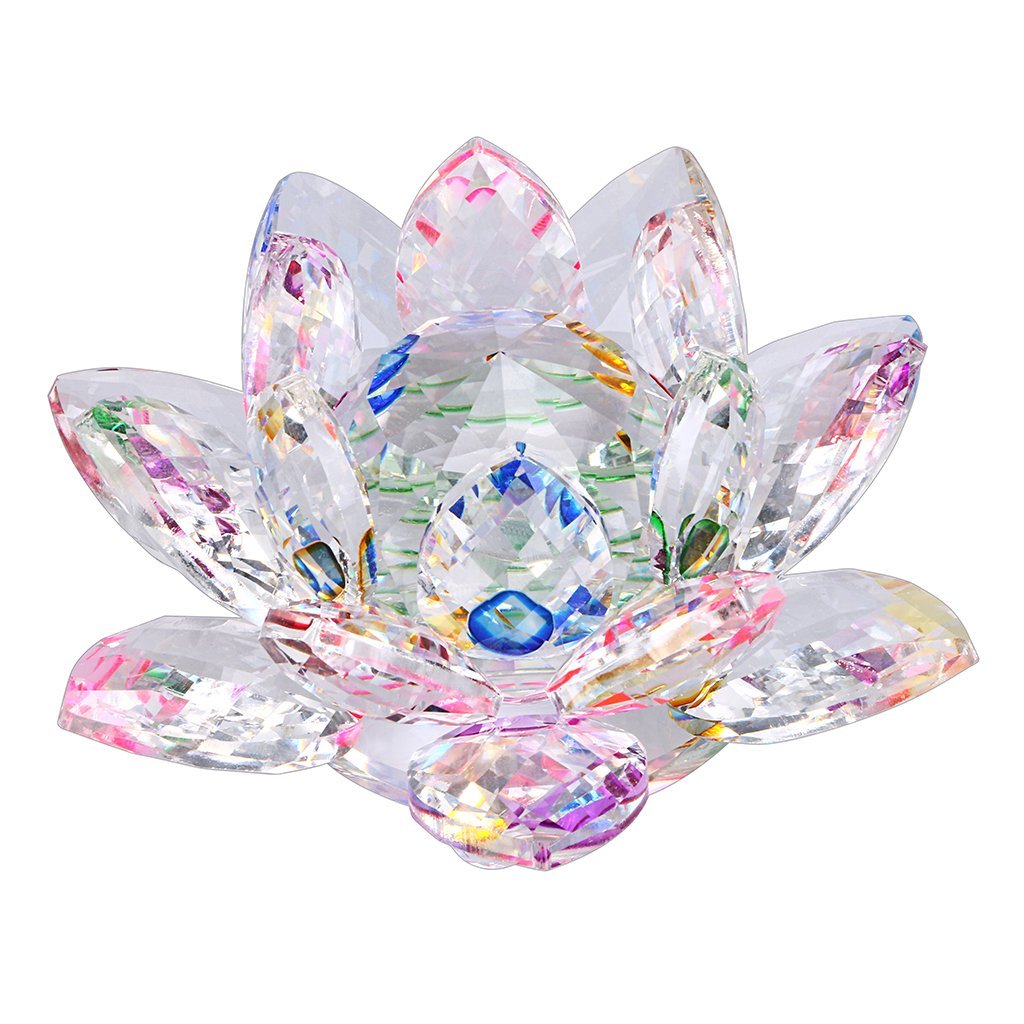 NewNest Australia - OwnMy Sparkle Crystal Lotus Flower Hue Reflection Feng Shui Home Decor with Gift Box (4 Inch/ 100MM Rainbow) 4 Inch/ 100MM Rainbow 