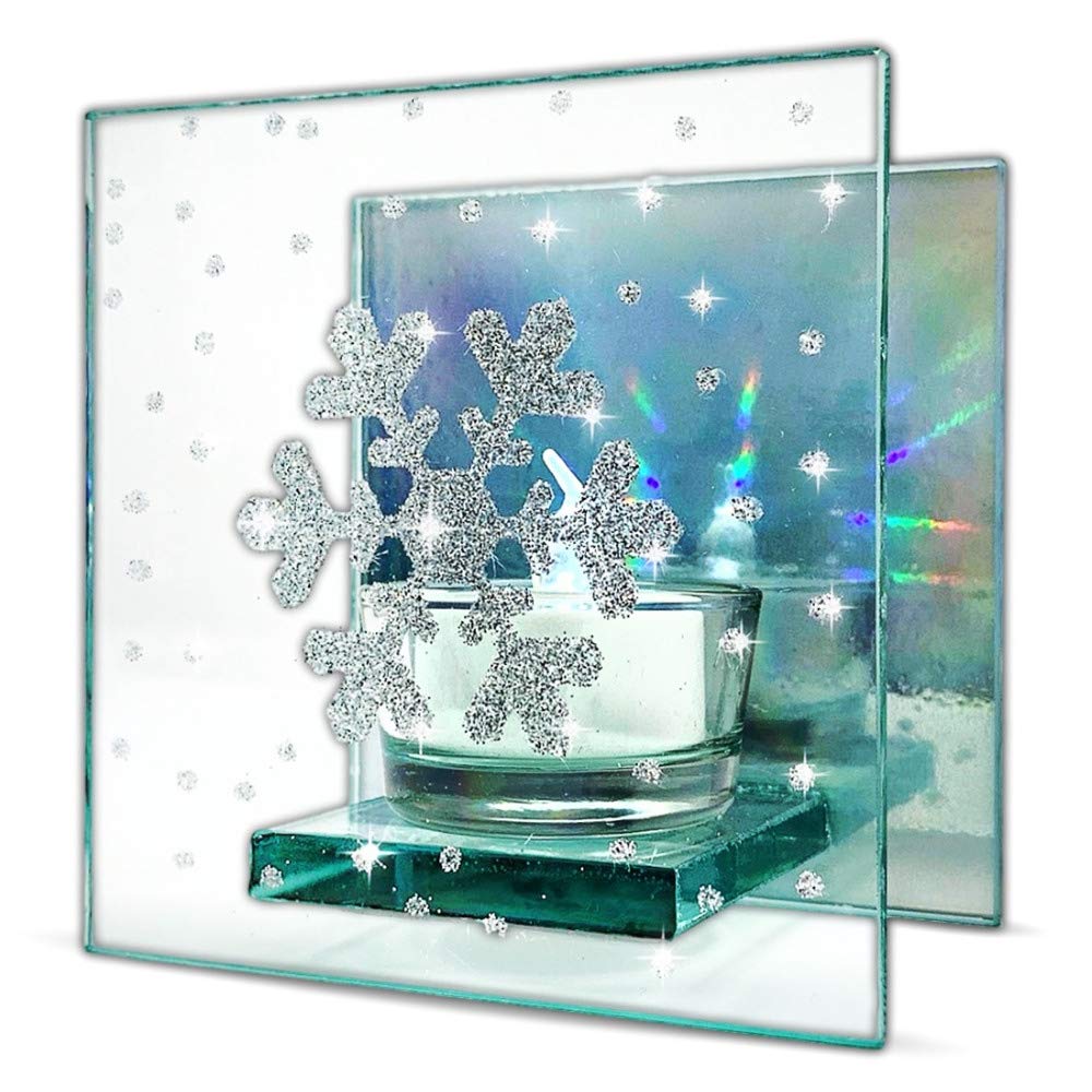 NewNest Australia - BANBERRY DESIGNS Snowflake Candles - Clear and Silver Glass Candle Holder Painted with a Glittery Snow Flake Design - Mirrored Hologram Back 4 Inches Tall 