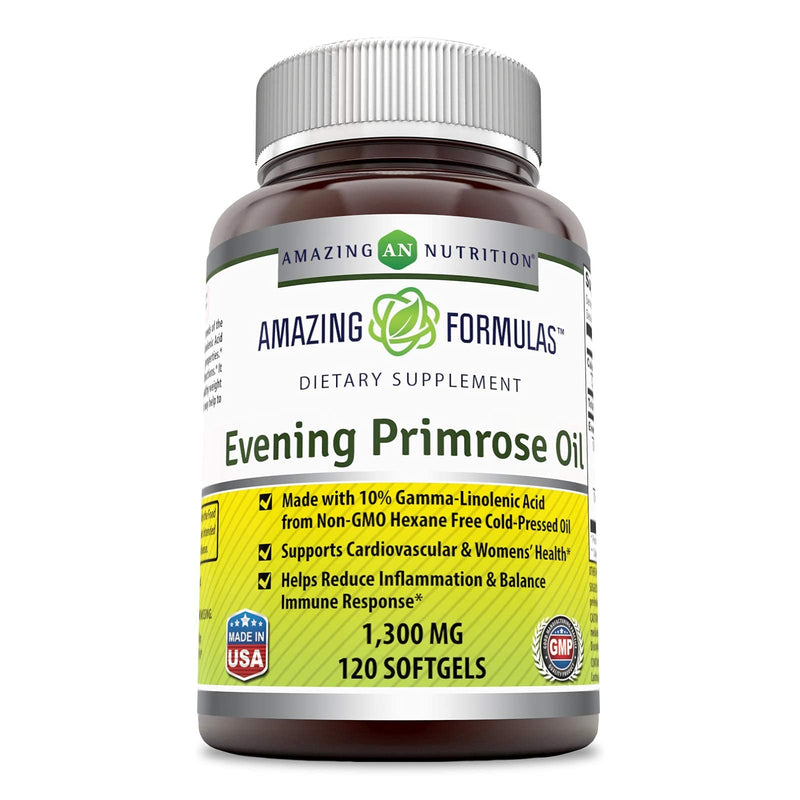 Amazing Formulas Evening Primrose Oil 1300 Mg, 10% GLA, 120 Softgels (Non-GMO,Gluten Free) High Potency, Hexane Free Cold Pressed Oil-Supports Cardiovascular Function and Women's Health 120 Count (Pack of 1) - NewNest Australia
