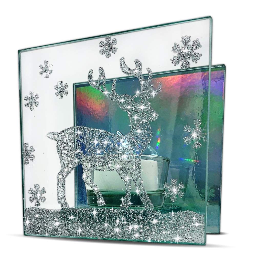 NewNest Australia - BANBERRY DESIGNS Deer Silhouette Candle Holder - Silver Glitter Reindeer in Field - Mirrored Back with 1 White LED Tea Light Candle Include - Decorative Holiday Candleholders 