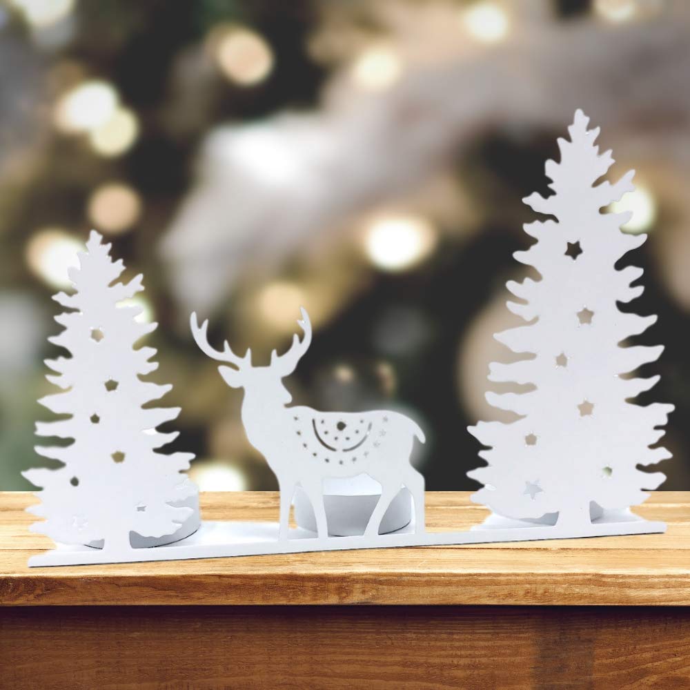 NewNest Australia - BANBERRY DESIGNS Tealight Candle Holder - White Metal Winter Scene - Deer and Evergreen Trees with Star Cut Outs - Holds 3 Tea Light Candles- Holiday Winter Decor 