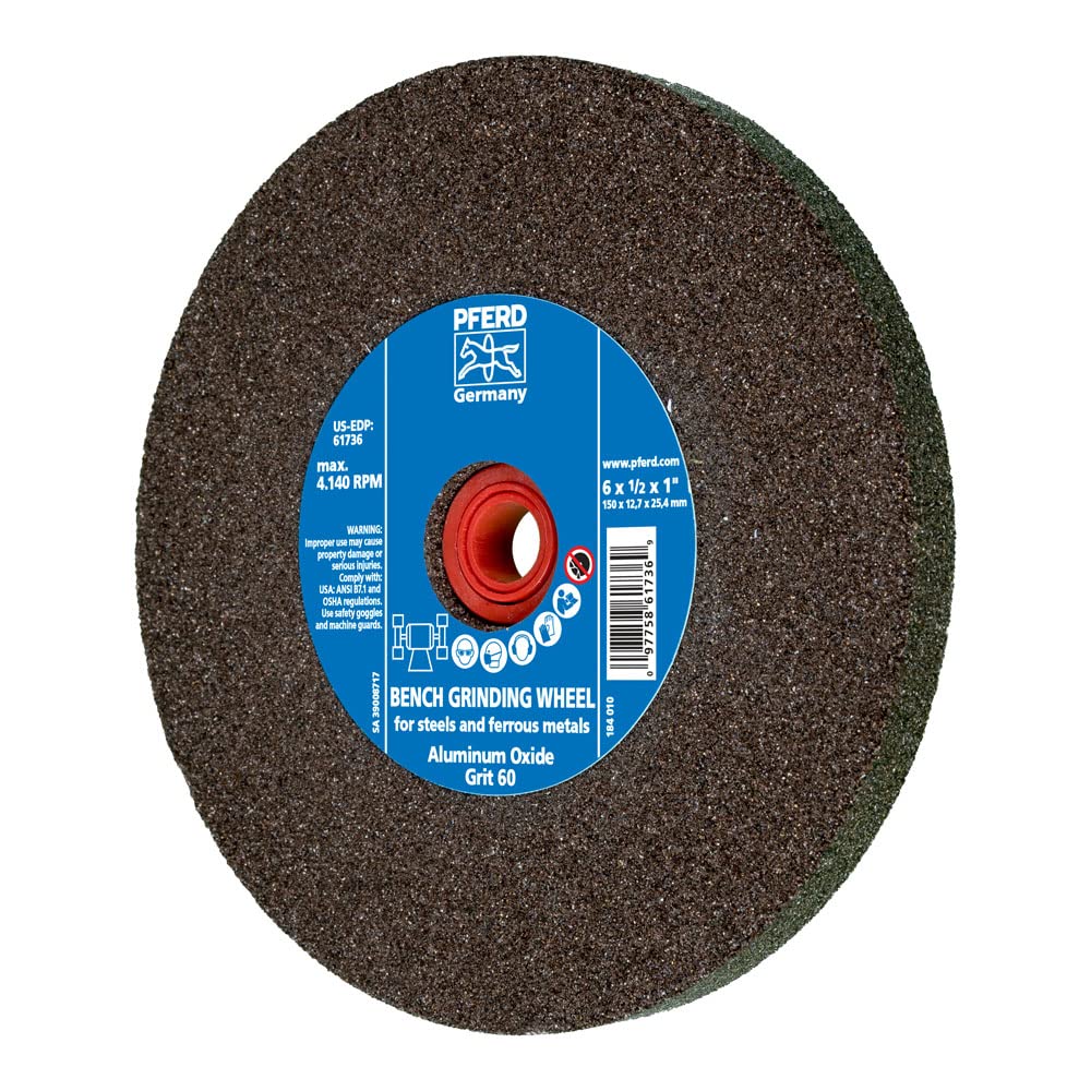 PFERD Bench Grinding Wheel Universal Type | 6x1/2x1 inch, vitrified Bond, Regular Aluminum Oxide, grit Size 60 | 61736 - for Universal use in in The Workshop, Included bushings 3/4, 5/8, 1/2 inch - NewNest Australia
