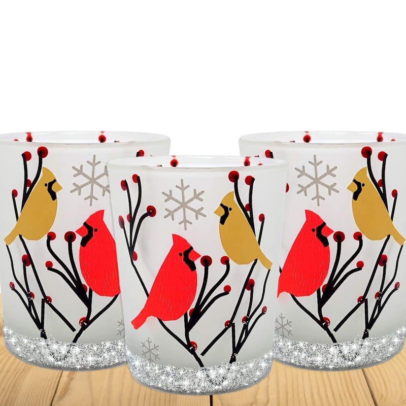 NewNest Australia - BANBERRY DESIGNS Cardinal Votive Holders - Set of 3 Frosted Glass Candle Holders - Cardinal Birds in a Winter Scene with Berries - 3 Flameless Tealight Candles Included 