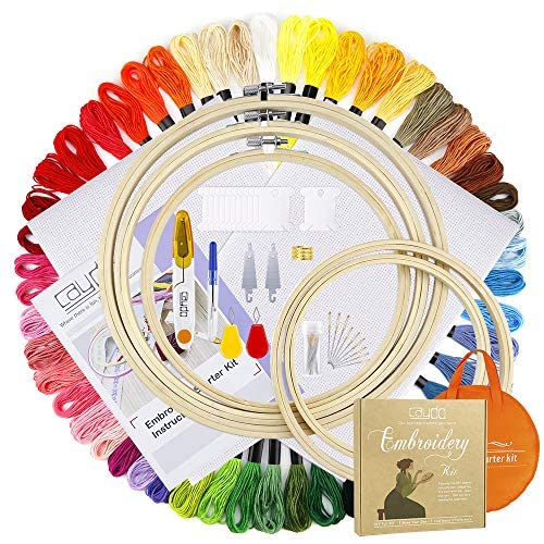 Caydo Embroidery Kit with Packing Bag Including Instructions, 5 Pcs Embroidery Hoops, 50 Color Threads, Aida Cloth, and Cross Stitch Tool Embroidery Starter Kits for for Adults Beginners - NewNest Australia