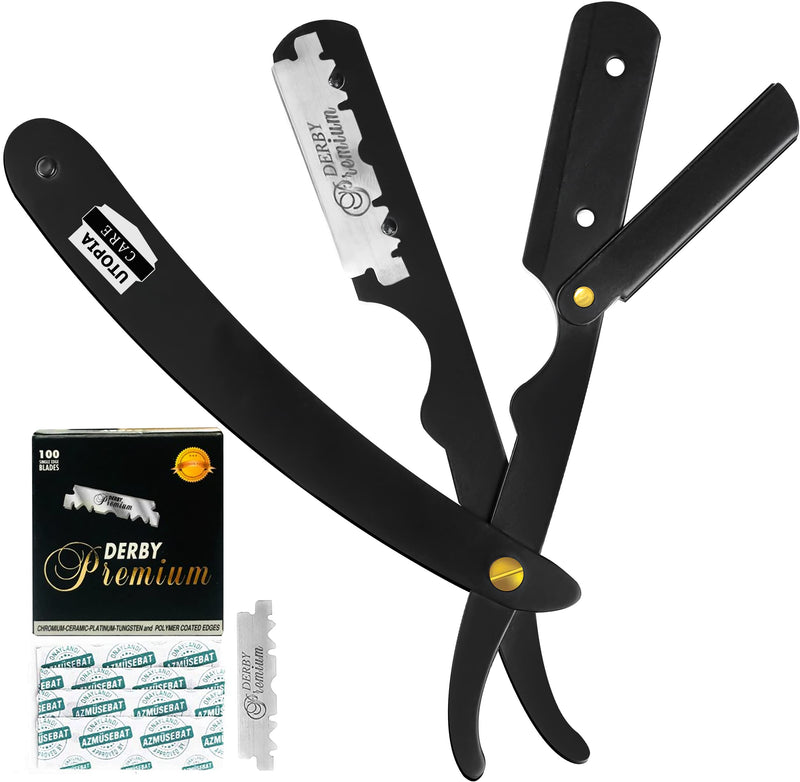 Utopia Care Professional Barber Straight Edge Razor Safety with 100-Pack Derby Blades - 100 Percent Stainless Steel (Black) Black - NewNest Australia