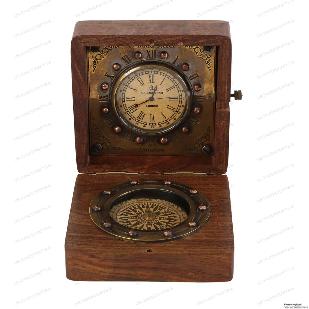 NewNest Australia - US HANDICRAFTS Authentic Clock Compass in Rose Wood Box, Vintage Gift… 