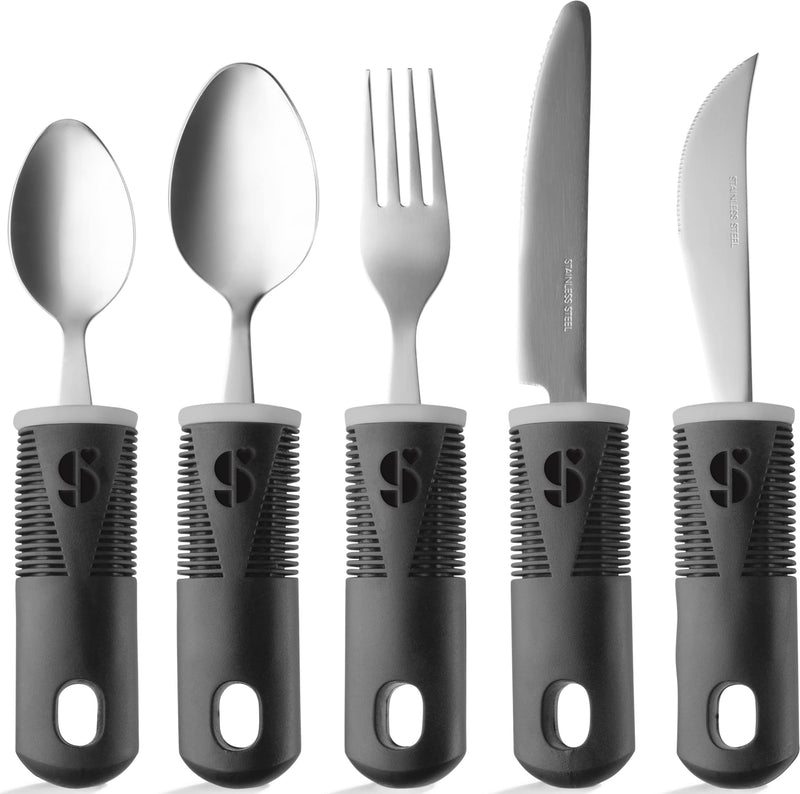 Special Supplies Adaptive Utensils (5-Piece Kitchen Set) Wide, Non-Weighted, Non-Slip Handles for Hand Tremors, Arthritis, Parkinson’s or Elderly use - Stainless Steel Knives, Fork, Spoons - Black - NewNest Australia