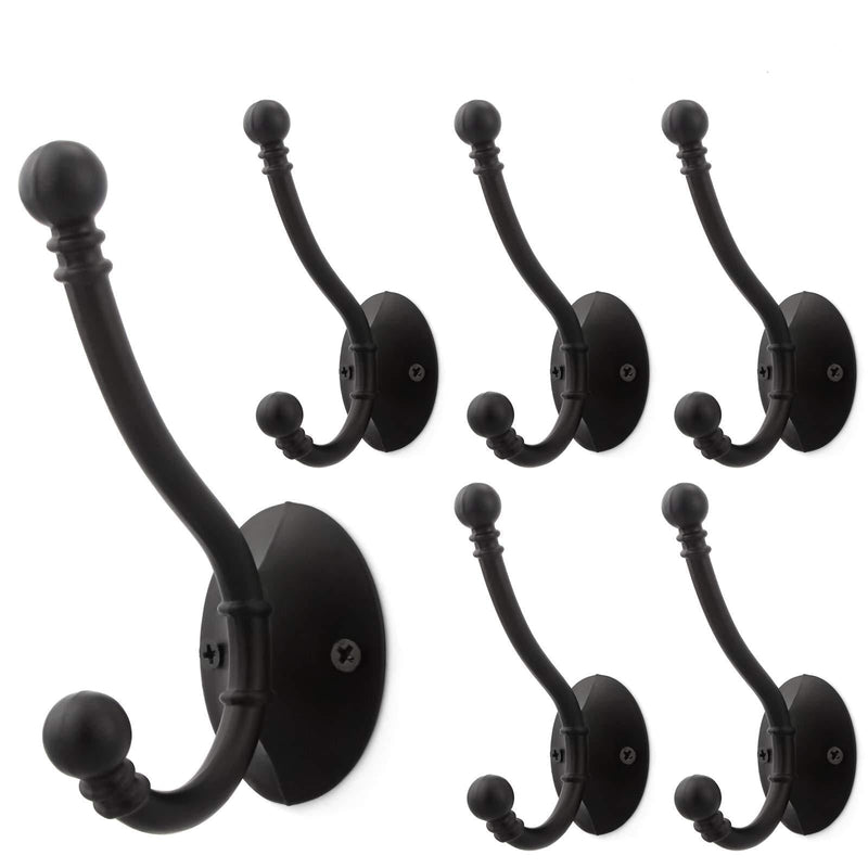 NewNest Australia - Arks Royal 6 PCS 3-3/4 Inch Double Prong Retro Coat and Hat Hook Heavy Duty Metal Wall Hangers with Ball Ends (Screws Included), Flat Black 