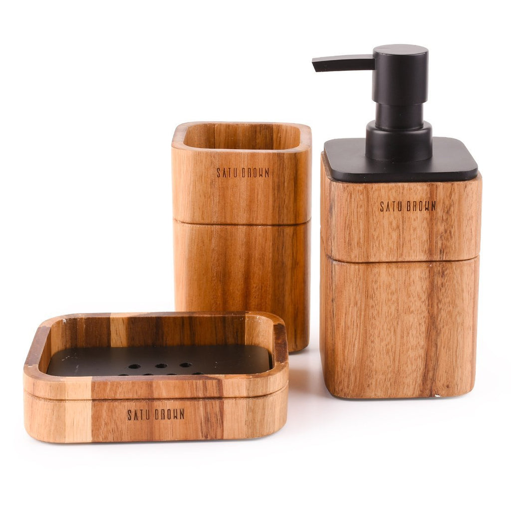 Satu Brown Bathroom Accessory Set Acacia Wood 3 Pieces Includes Bathroom Soap Dispenser, Bathroom Tumbler, Soap Dish Accessories for Bathroom Decor and House Warming Gift - NewNest Australia