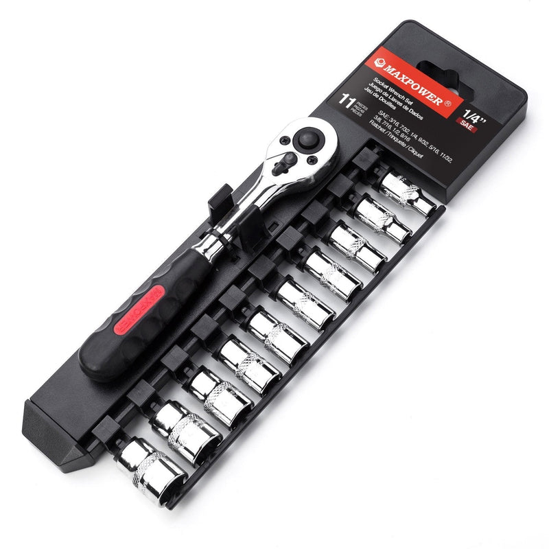 MAXPOWER 11-Piece 1/4" Ratcheting Socket Wrench Set Quick Release Reversible Ratchet Handle and Swappable Spanners Inch Imperial Sockets with Hanging Rack SAE 1/4" Drive - NewNest Australia