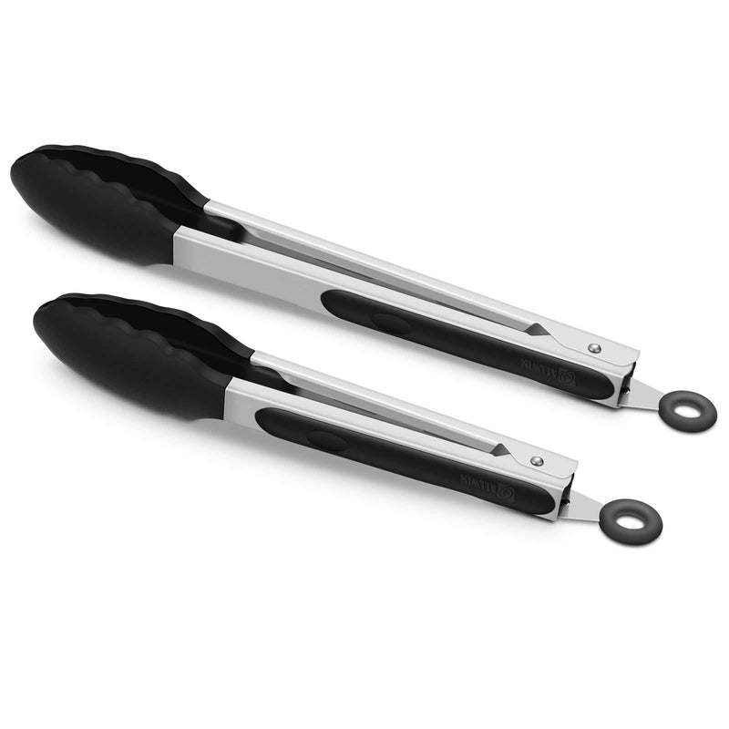 NewNest Australia - 2 Pack Black Kitchen Tongs, Premium Silicone BPA Free Non-Stick Stainless Steel BBQ Cooking Grilling Locking Food Tongs, 9-Inch & 12-Inch 