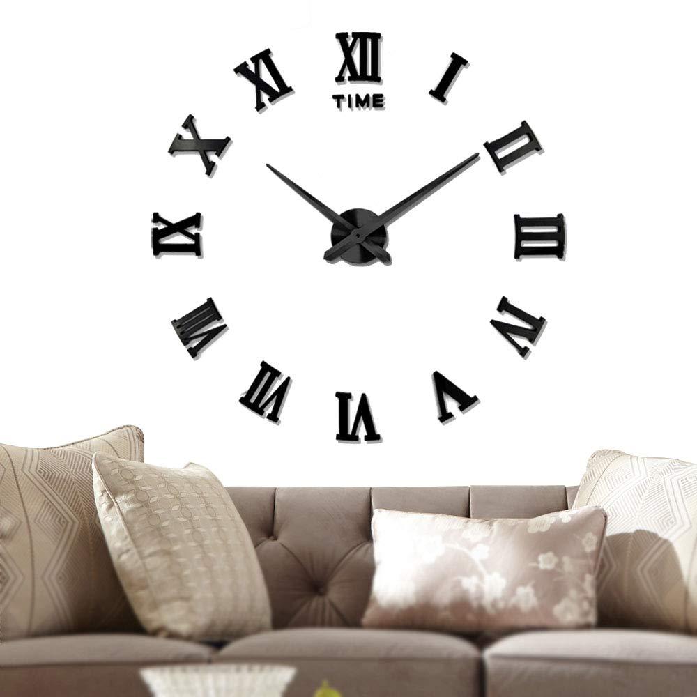 NewNest Australia - VANGOLD Large 3D DIY Wall Clock Roman Numerals Clock Frameless Mirror Surface Wall Sticker Home Decor for Living Room Bedroom Black-87 