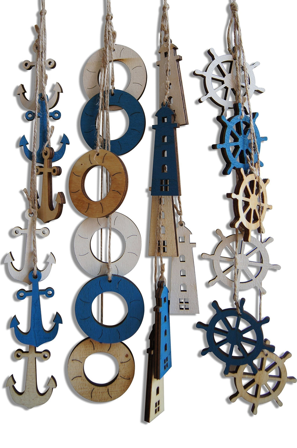 NewNest Australia - Shoreside Nautical Beach House Themed Decor Hangings with Tri-Color Anchors, Lighthouses, Captain’s Wheel and Life Rings (4 Pieces) 