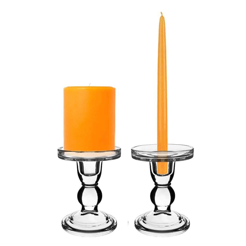 NewNest Australia - CYS EXCEL Glass Candle Holders for 3" Pillar or 3/4" Taper Candle. Candle Holder Height-4.5", Clear Glass, Wedding Decoration, Candlestick Pack of 2 PCS Series 4 Mid Size 