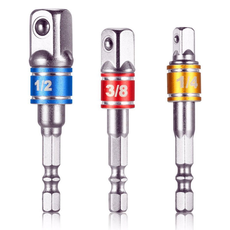 Impact Grade Socket Adapter/Extension Set Turns Power Drill Into High Speed Nut Driver, 3Pcs 1/4" 3/8" 1/2" Hex Shank Bit Square Power Drill Cordless Impact Sockets Bit Set with Color Coded Ring CAI3 - NewNest Australia