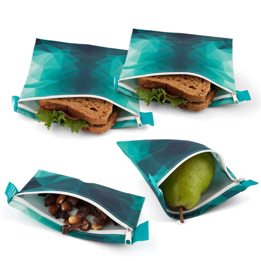 NewNest Australia - Nordic By Nature 4 Pack - Reusable Sandwich Bags Dishwasher Safe BPA Free - Durable Washable Quick Dry Cloth Baggies -Reusable Snack Bags For Kids School Lunches - Easy Open Zipper - (Turquoise) Turquoise Waters 