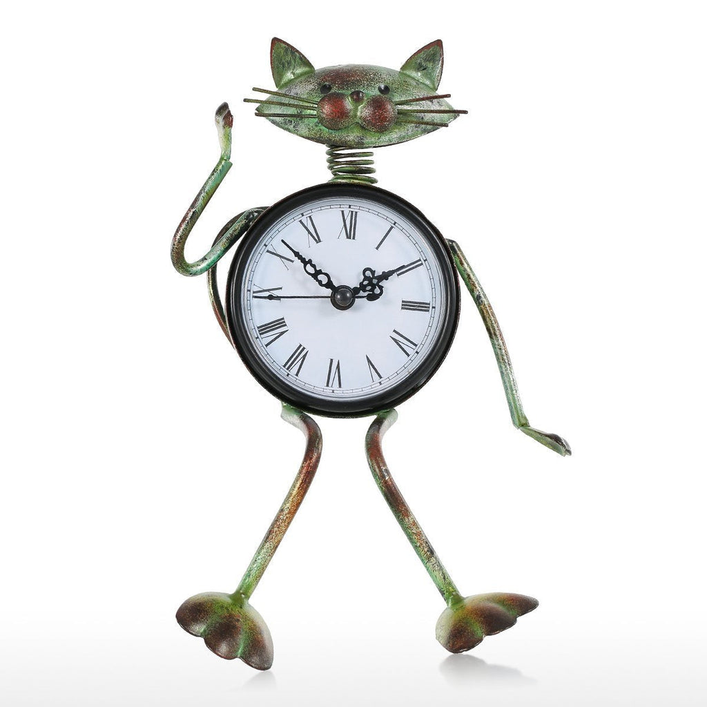 NewNest Australia - Tooarts Small Cat Desk Clock Handmade Vintage Metal Cat Figurine Decorative Table Animal Clock 