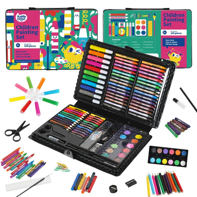 KIDDYCOLOR 109-Piece Deluxe Art Set for Kids, Painting & Drawing Art Supplies in a Plastic Case with Markers, Watercolor Cakes, Color Pencils, Great Art Kit Gift for Kids 3-12 109 pcs - NewNest Australia