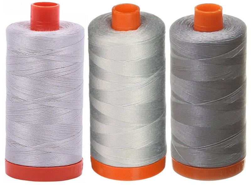 3-Pack - Aurifil 50WT - Aluminum + Dove + Grey, Solid - Mako Cotton Thread - 1422Yds Each - NewNest Australia