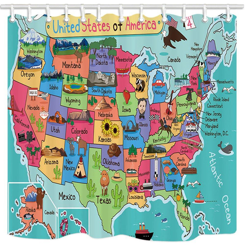 NYMB Kids Map of The United States Bath Curtain, Cartoon Fun Facts Geography USA Map, Polyester Fabric Waterproof Shower Curtain for Bathroom, Shower Curtains Hooks Included, Turquoise Red (69X70in) 69X70in - NewNest Australia