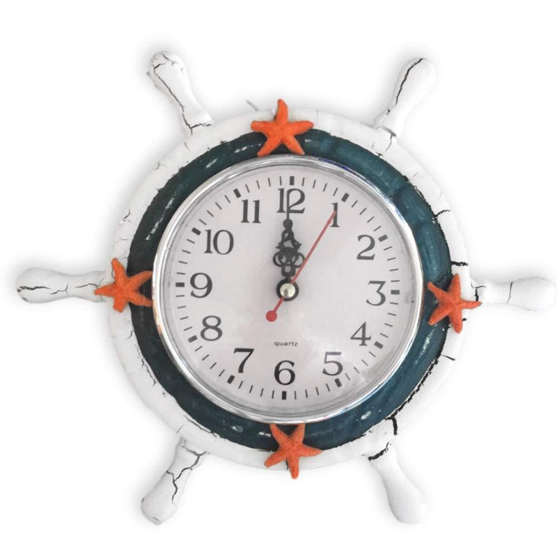 NewNest Australia - BANBERRY DESIGNS Nautical Clocks - Sailboat Steering Wheel Helm Decoration - Blue and White Clock with Starfish - Sits with Easel - 9 Inch 