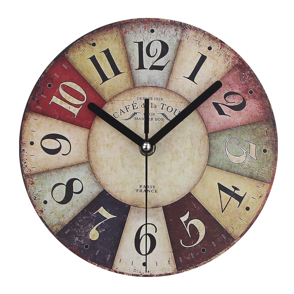 NewNest Australia - Timelike MDF Wooden Wall Clock Vintage Rustic Country Round Decorative Clock Retro Style Quartz Wall Clock (8 Inch, Colorful) 8 Inch 