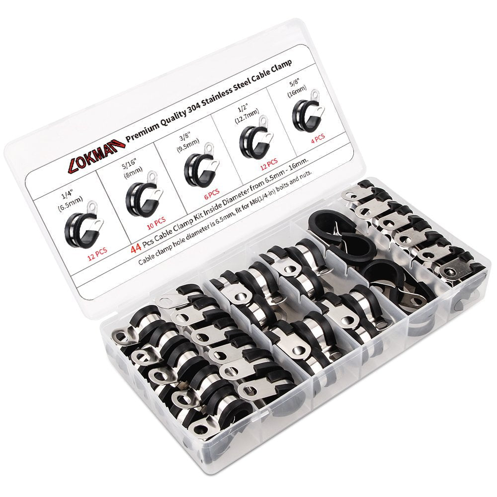 Cable Clamps Assortment Kit, LOKMAN 44 Pieces Stainless Steel Rubber Cushion Pipe Clamps Assorted in 5 Size 1/4'' 5/16'' 3/8'' 1/2'' 5/8'', Come With Durable PP Storage Case with Chart Small - NewNest Australia