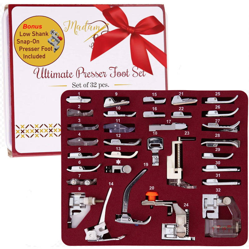 Madam Sew Presser Foot Set 32 PCS - The ONLY Sewing Machine Presser Foot Kit with Manual, DVD and Deluxe Storage Case with Numbered Slots for Easy and Neat Organization - NewNest Australia