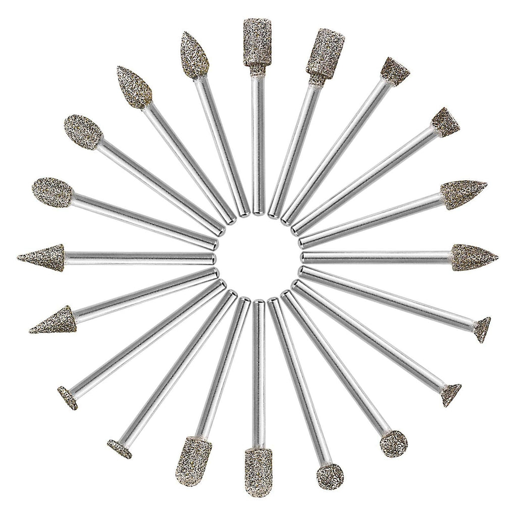 60 Grit 20Pcs 𝗗𝗶𝗮𝗺𝗼𝗻𝗱 𝗕𝘂𝗿𝗿 𝗦𝗲𝘁 - GOXAWEE Rotary Grinding Burrs Engraving Bits Set with 1/8-inch Shank, Diamond-Coated Stone Carving Accessories Bit Universal Fitment for Rotary Tools - NewNest Australia