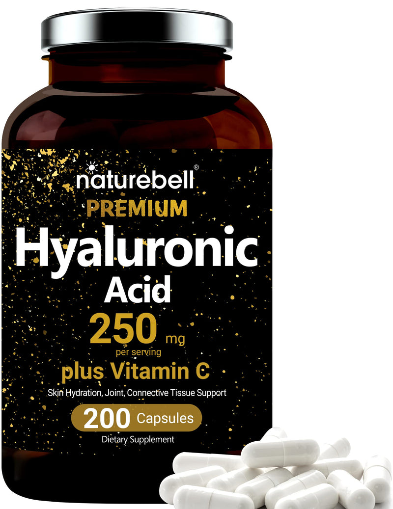 NatureBell Plant Based Hyaluronic Acid Supplements, 250mg Hyaluronic Acid with 25mg Vitamin C Per Serving, 200 Capsules, 2 in 1 Formula, Supports Skin Hydration, Joints Lubrication and Antioxidant - NewNest Australia