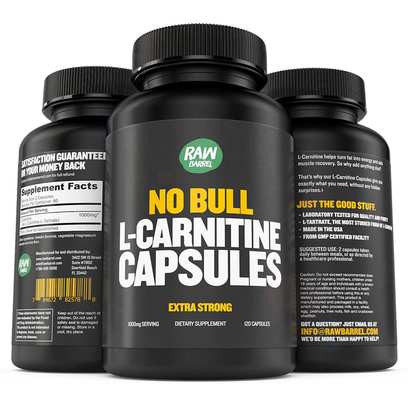L-Carnitine Capsules, L-Tartrate - Pure, Natural, Extra Strength Supplement for Men and Women – Boost Energy, Performance, Metabolism and Support Heart Health - 500 mg, 120 Pills - by Raw Barrel - NewNest Australia