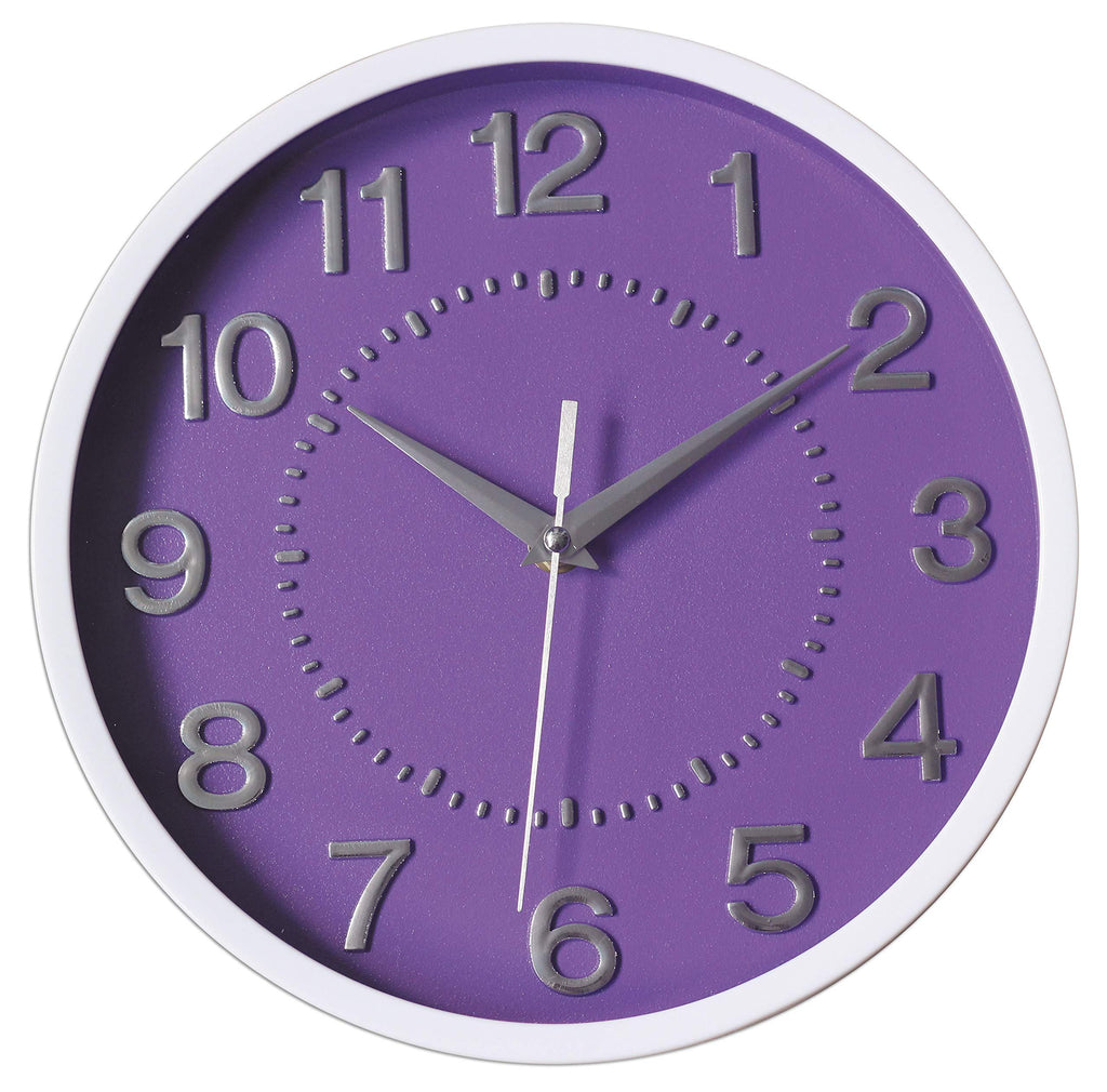 NewNest Australia - Decor Silent Wall Clock 10" Purple Dial 3D Numbers Non-ticking Decorative Wall Clock Battery Operated Round Easy to Read For School/Home/Office/Hotel 