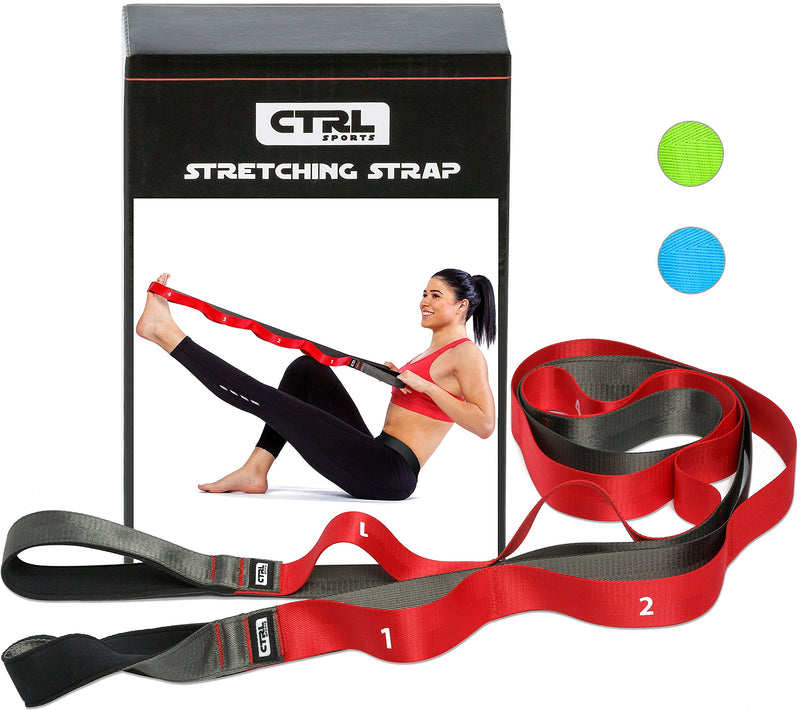 Stretching Strap with Loops for Physical Therapy, Yoga, Exercise and Flexibility - Non Elastic Fitness Stretch Band + Exercise Instructions & Carry Bag by CTRL Sports 10 Loops - Red - NewNest Australia