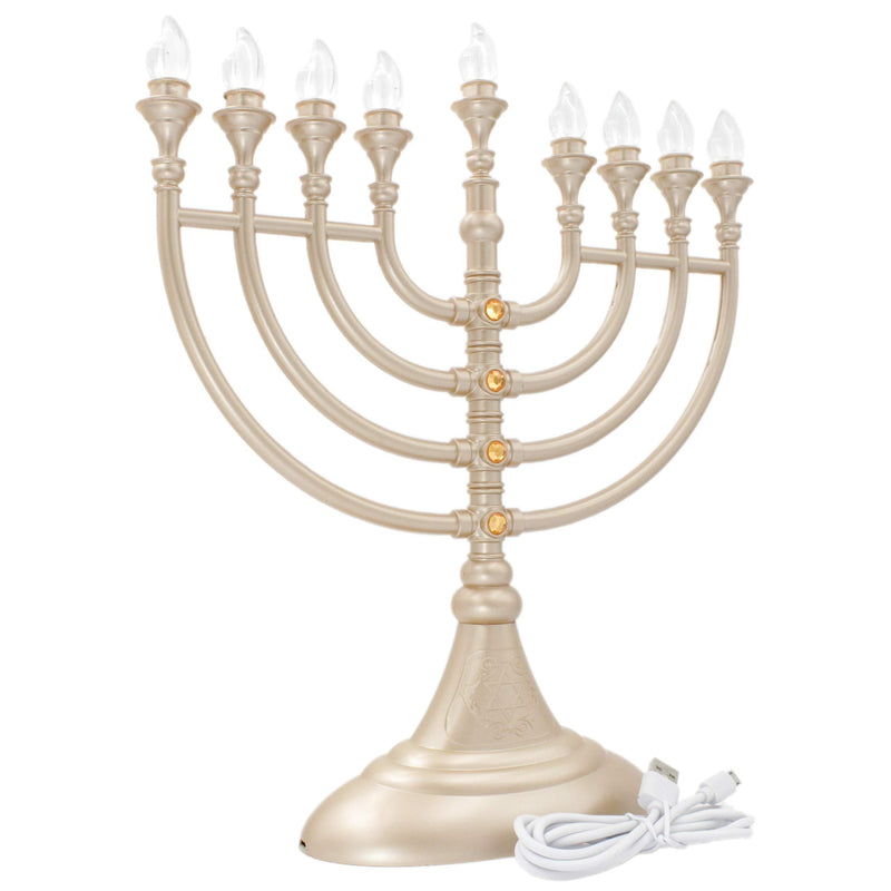 NewNest Australia - The Dreidel Company Traditional LED Electric Gold Hanukkah Menorah with Crystals - Battery or USB Powered - Includes a Micro USB 4' Charging Cable 